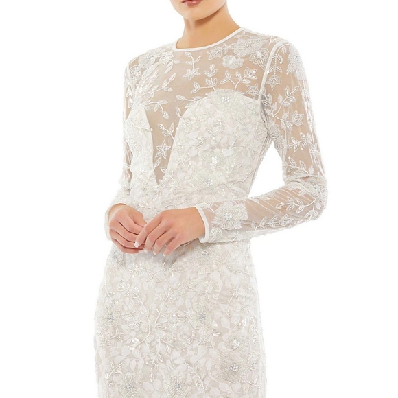 MAC DUGGAL Long Sleeve Foral Embellished White Wedding Gown Bridal Dress Size 4 - Picture 3 of 11